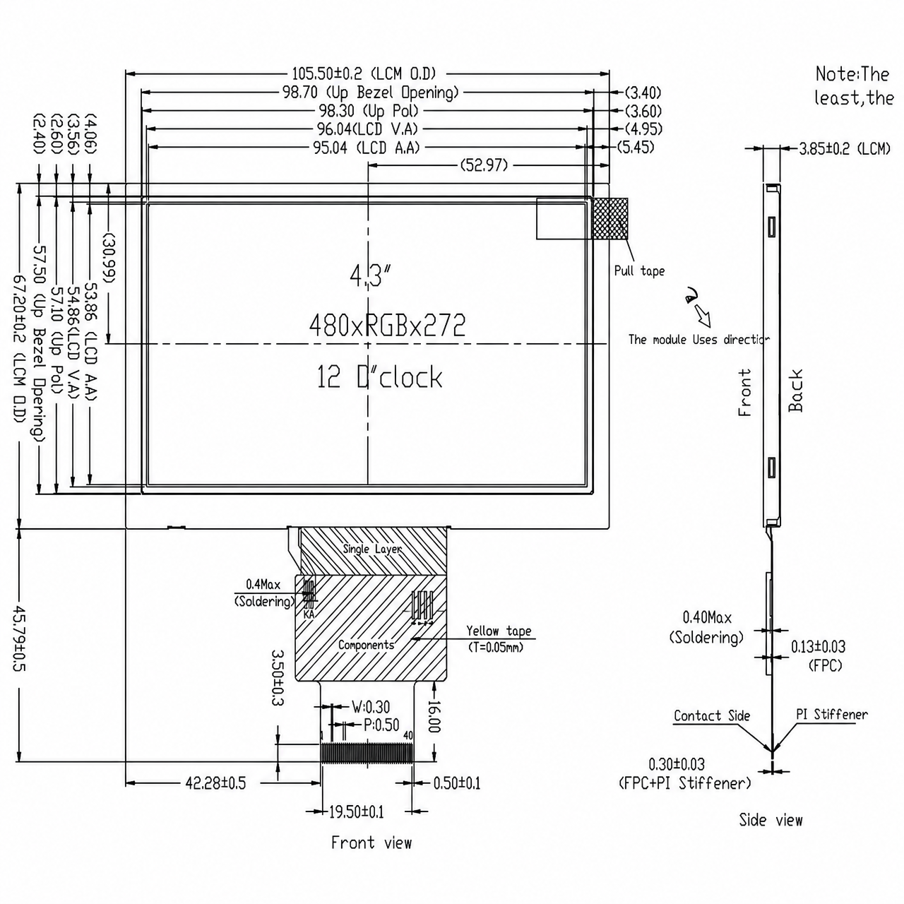 STK043WQTPA115 4.3 дюйм TN 480x272 RGB интерфейс ST7282 Wide Temperature Medical TFT LCD Module