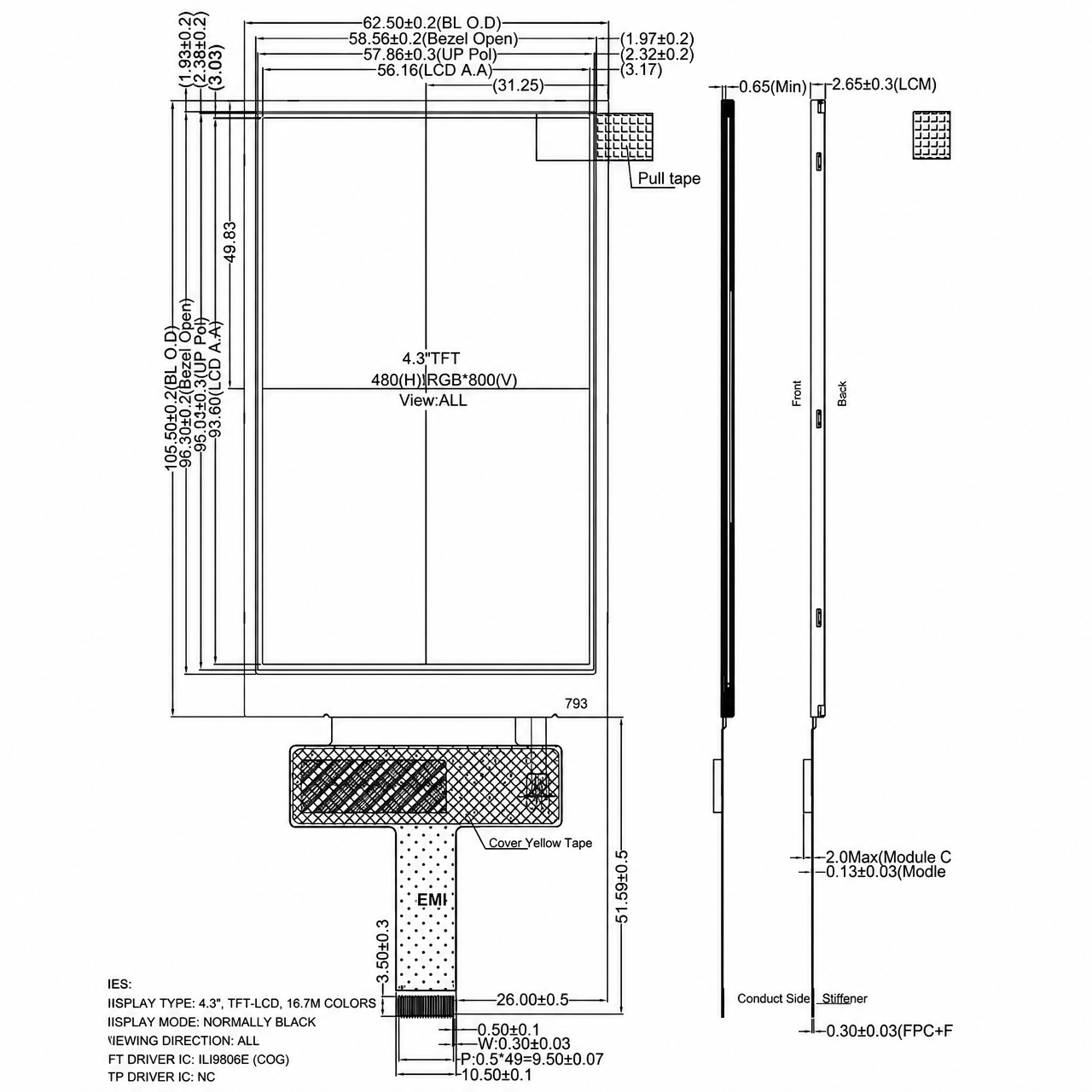 STK043WVFIA083 4.3 дюйм 480x800 ILI9806E MIPI интерфейс full viewing angle IPS LCD