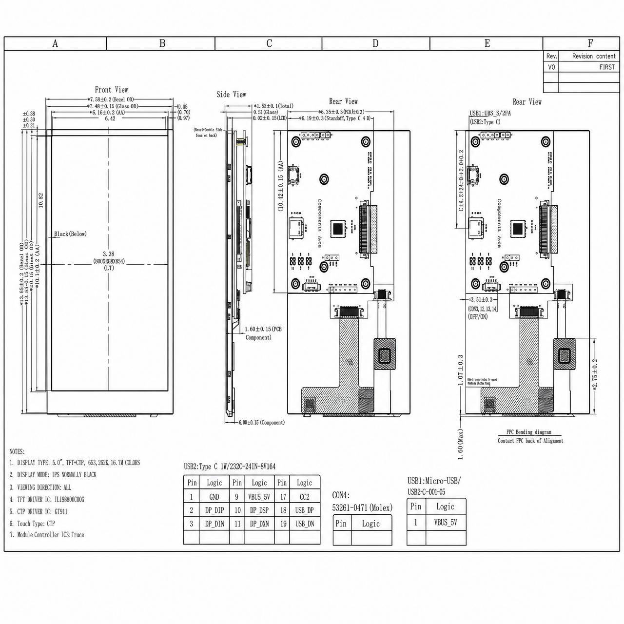 STK050FWFIA019-02-C009E-SP004A-TYPE C 5.0 дюйм ILI9806E 480x854 Type-C интерфейс full viewing angle IPS TFT LCD with build-in capacitive touch panel