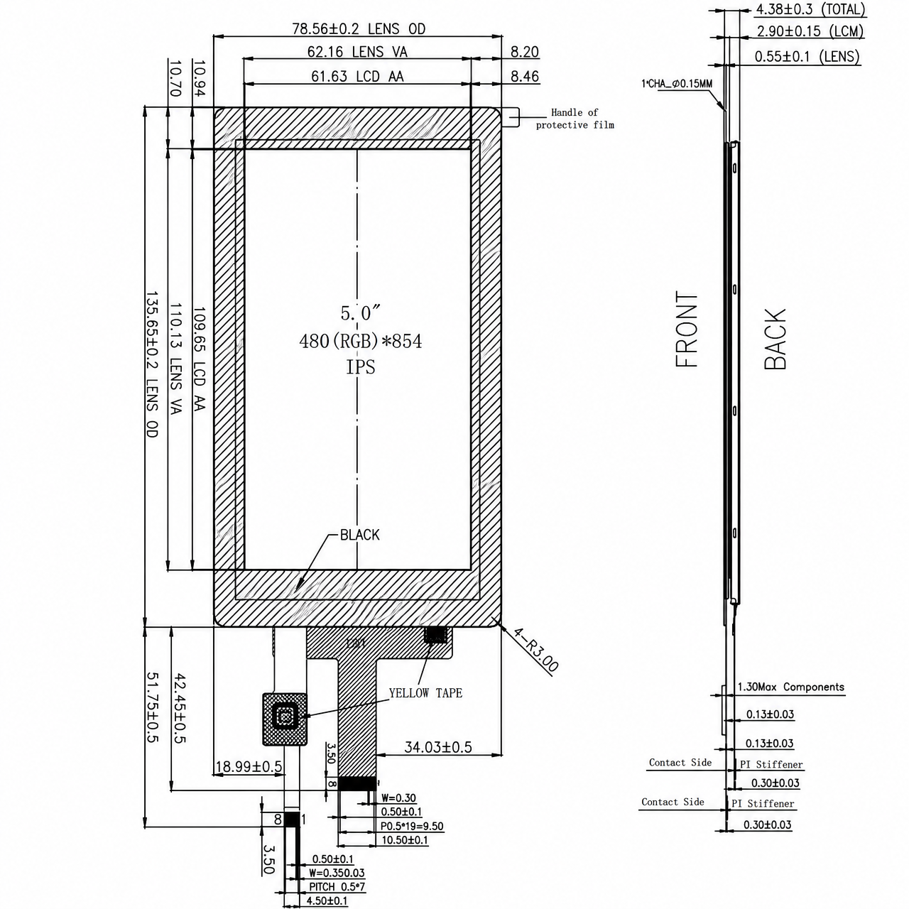 STK050FWFID042-C010B 5.0 дюйм 480x854 ST7701S full viewing angle 2-Lane MIPI интерфейс IPS LCD module with capacitive touch panel