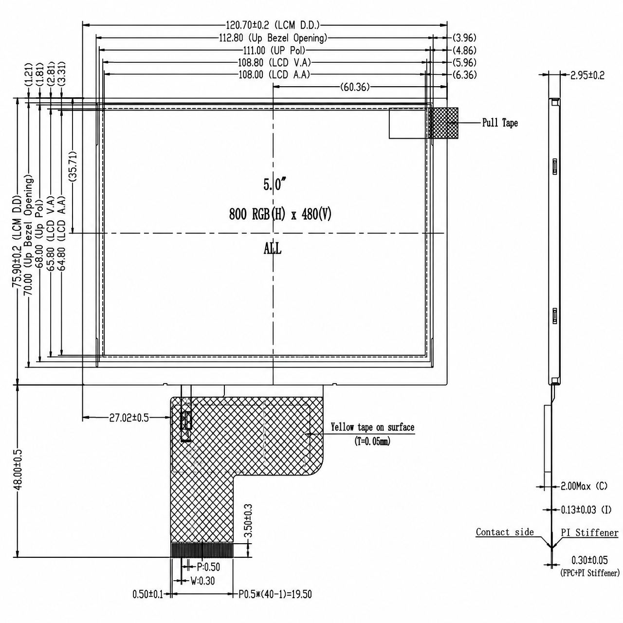 STK050WVFLA146-02 5.0 дюйм IPS 800x480 TFT LCD LVDS интерфейс ST7265 wide temp high brightness display module without touch