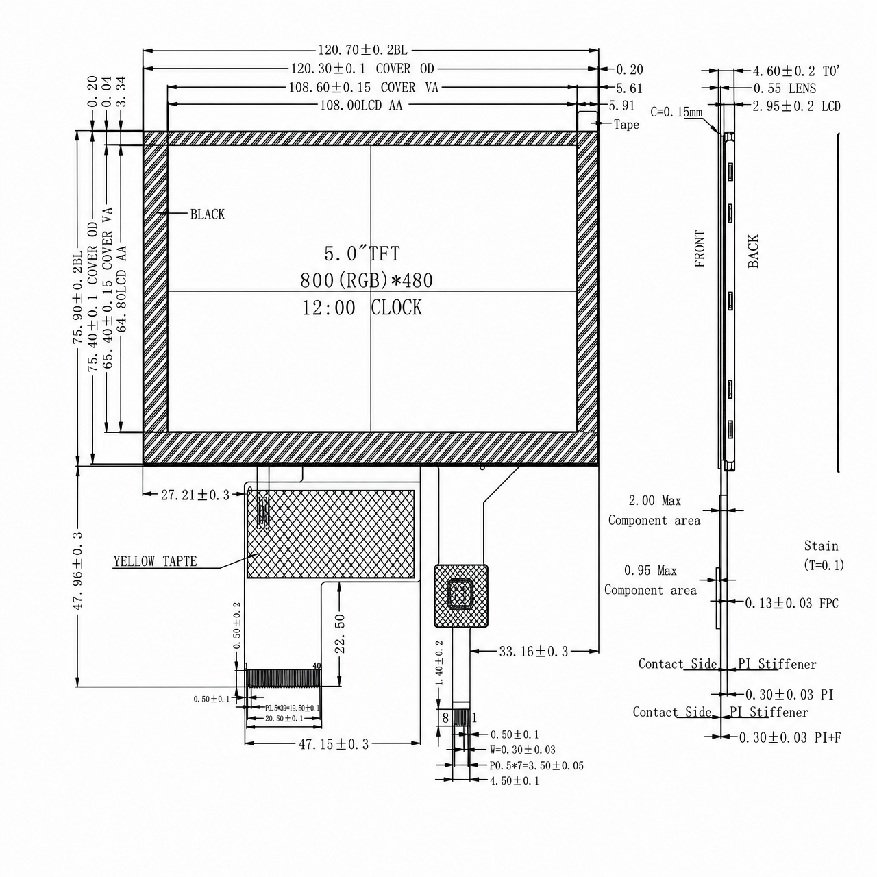 STK050WVTPA045-02A-C005A 5.0 дюйм TFT 800x480 16/18/24 bit RGB интерфейс TN LCD with capacitive touch panel