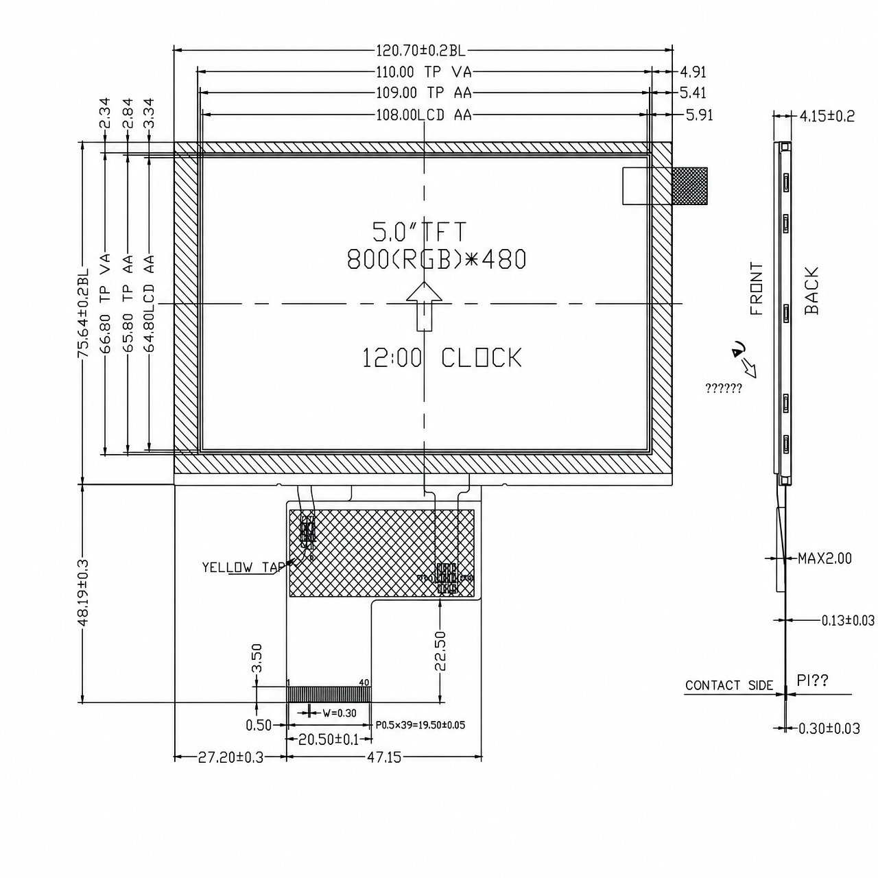 STK050WVTPA045-02A-TP 5.0 дюйм TFT 800x480 16/18/24 bit RGB интерфейс TN LCD with resistive touch panel