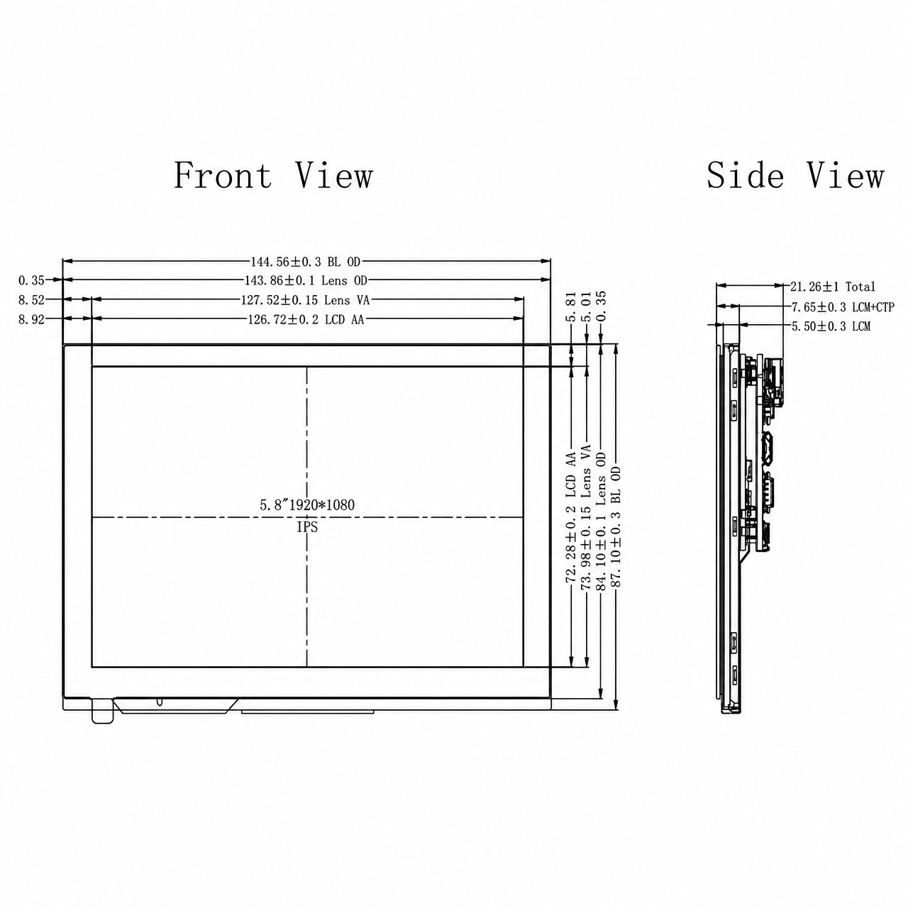 STK058UXFLA003-C001A-SP001A-HDMI 5.8 дюйм 1920x1080 HDMI full viewing angle IPS LCD with build-in capacitive touch panel