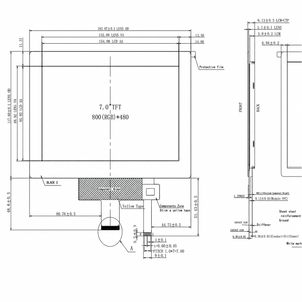 STK070C-4-05-CTP-002 7.0 дюйм 800x480 RGB интерфейс Industrial TFT LCD Module with Capacitive Touch