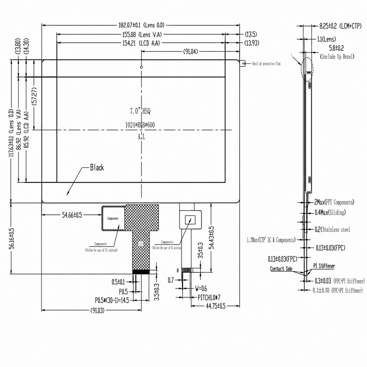 STK070HDFIA030-C026A 7.0 дюйм 1024x600 IPS MIPI интерфейс TFT LCD module with capacitive touch