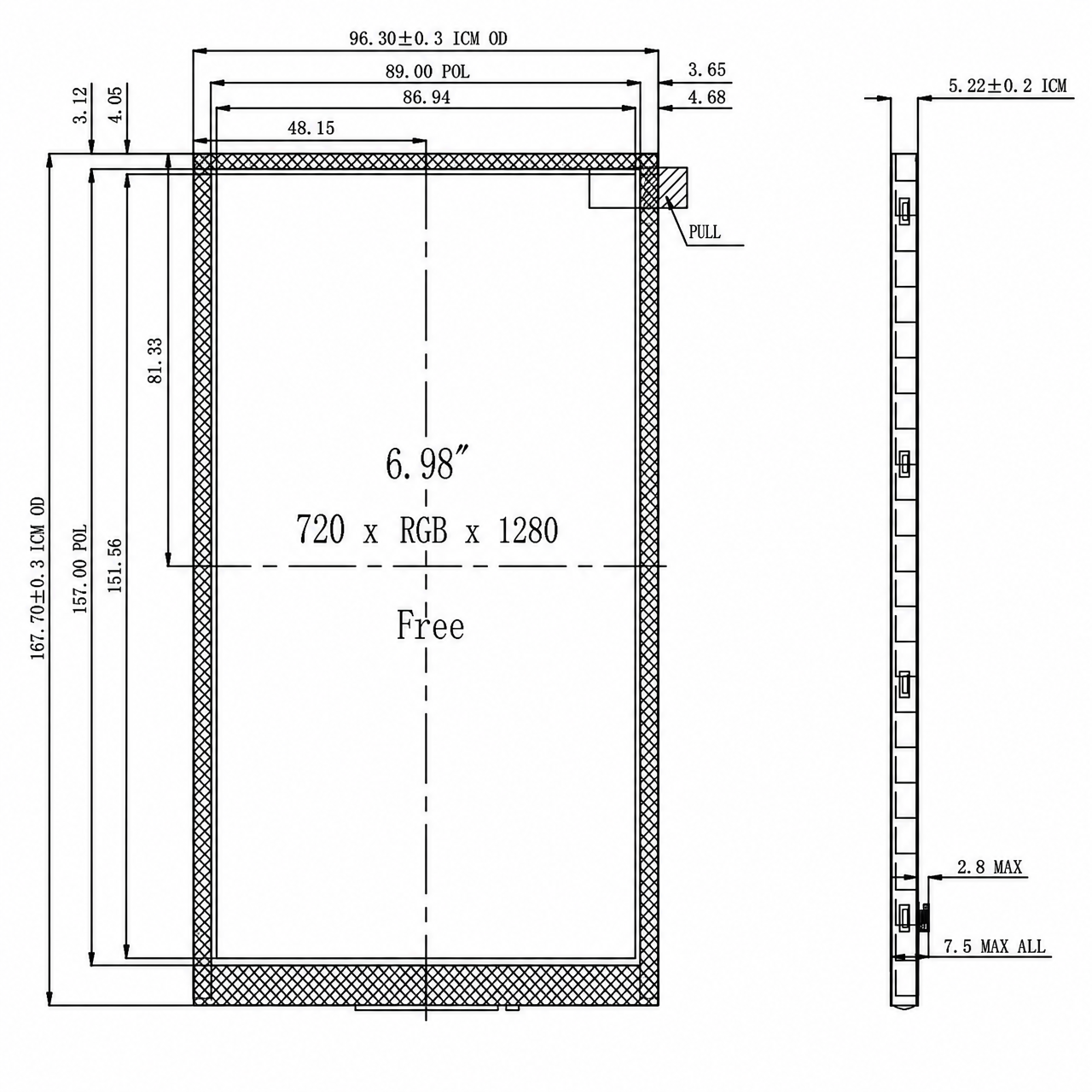 STK070HDFLD089 7.0 дюйм IPS 720x1280 high brightness TFT LCD module with LVDS интерфейс