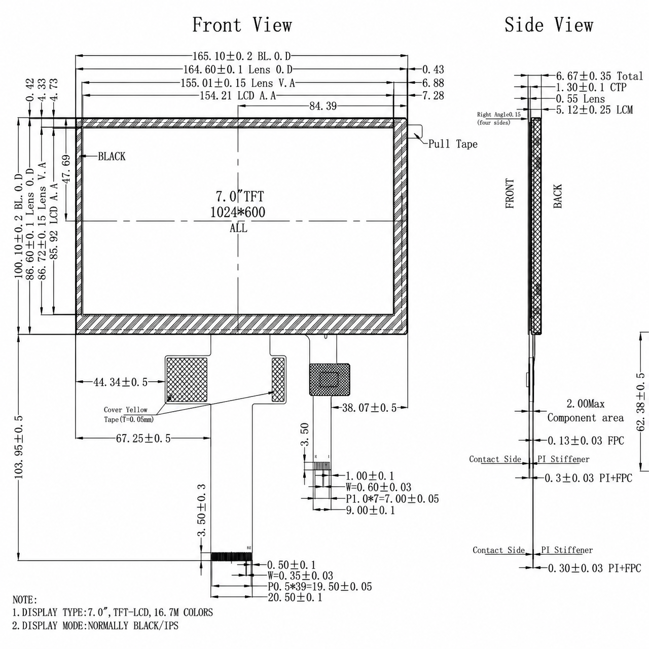 STK070HDFLD092-C113A 7.0 дюйм 1024x600 wide temperature high brightness TFT LCD with capacitive touch panel
