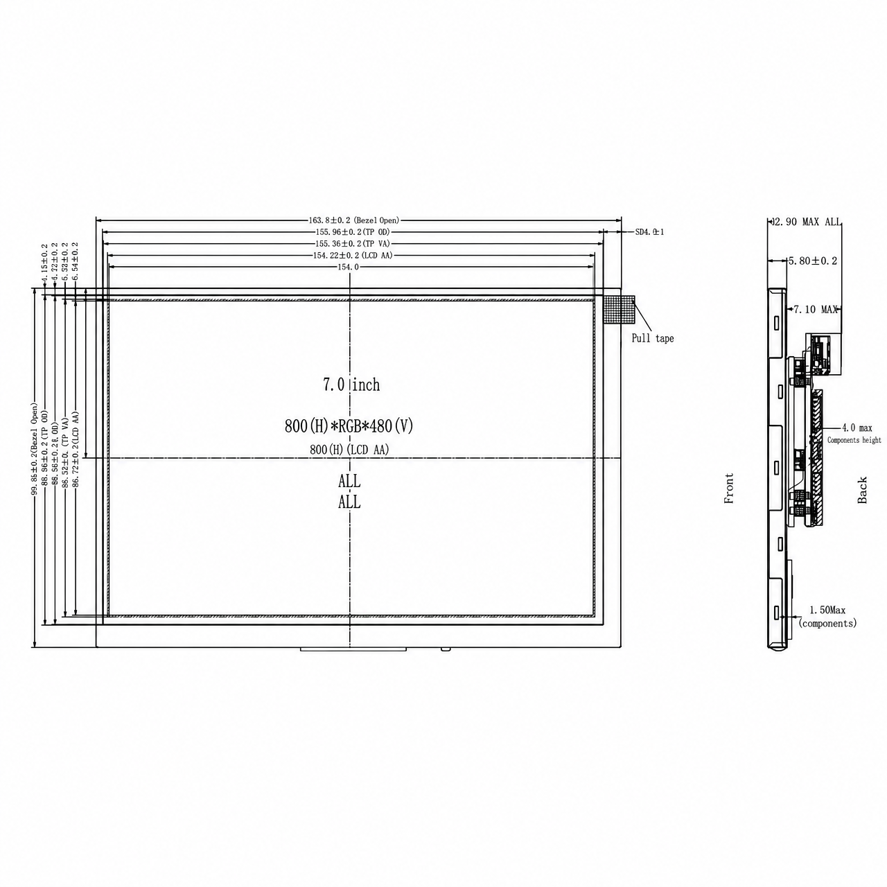 STK070WVFLA035A-SP001A-HDMI 7.0 дюйм high brightness 800x480 TFT LCD with HDMI интерфейс