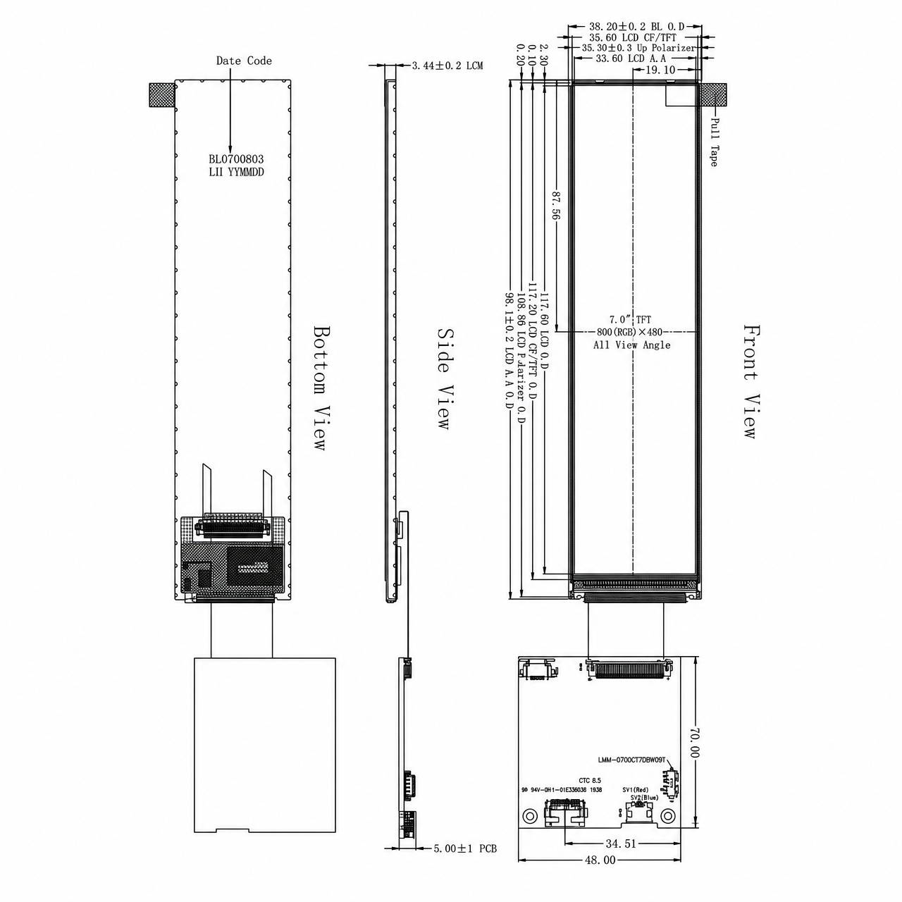 STK070WXFID094-CP001A-HDMI 7.0 дюйм 280x1424 high brightness industrial bartype IPS TFT LCD with Mini-HDMI интерфейс