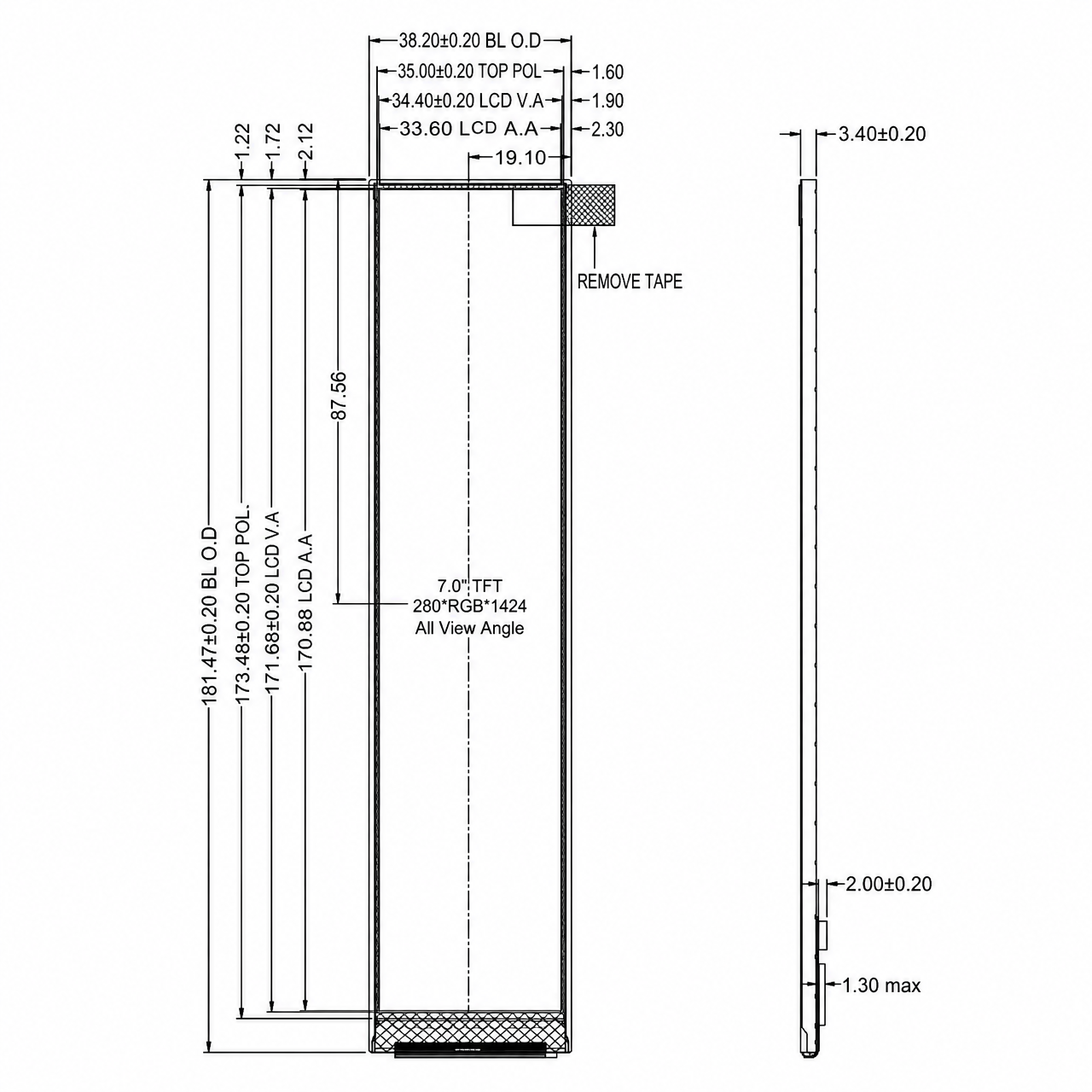 STK070WXFID094 7.0 дюйм 280x1424 TFT LCD module with MIPI интерфейс