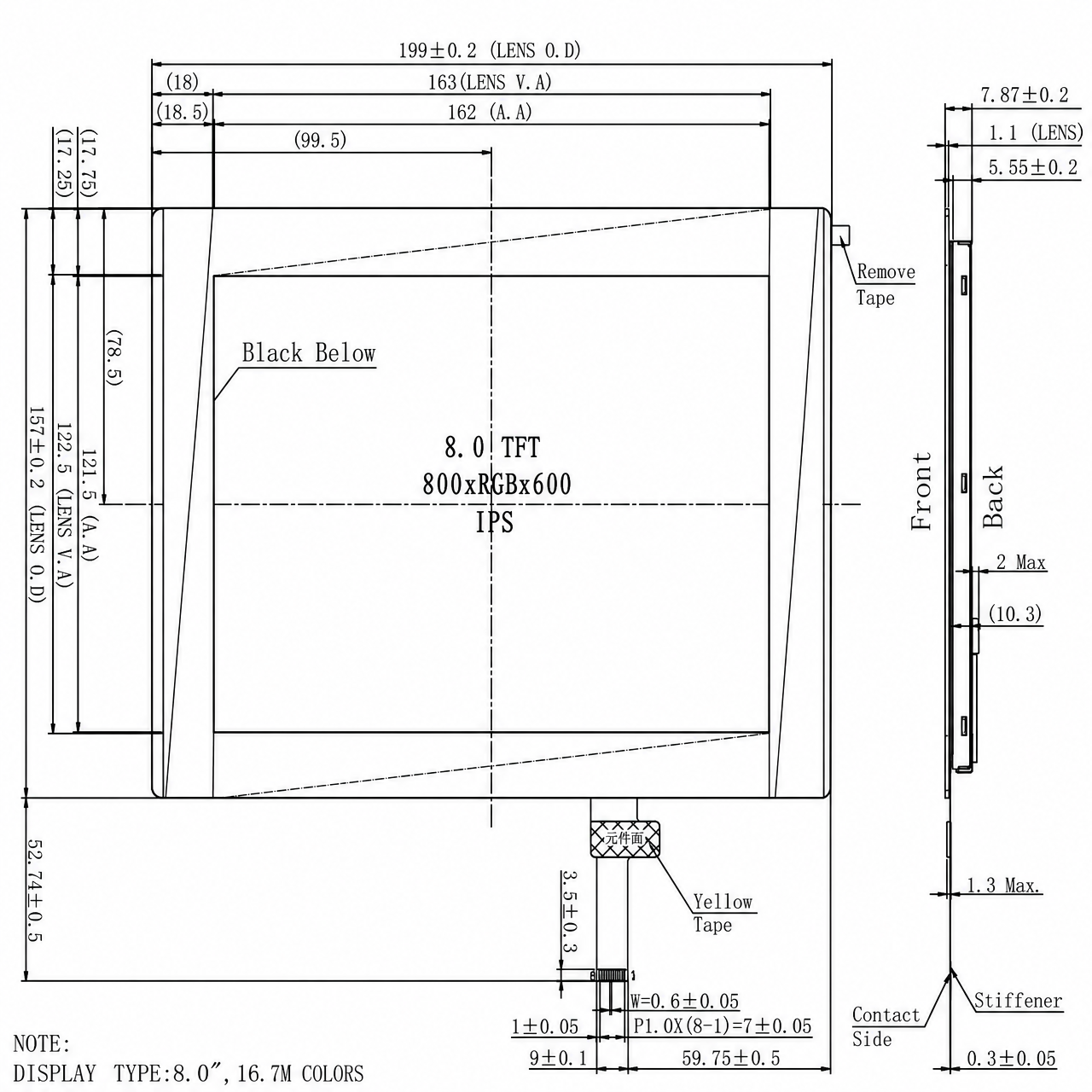 STK080WVFLA034-C030A 8.0 дюйм 800x600 IPS full viewing angle LVDS интерфейс TFT LCD Display with capacitive touch