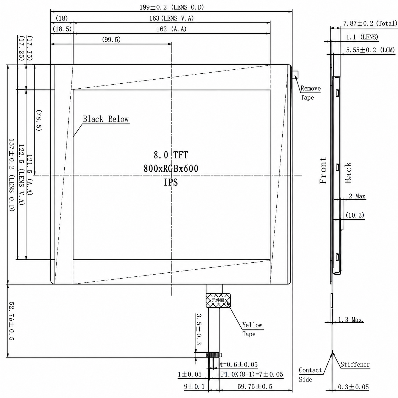 STK080WVFPA032-C029A 8.0 дюйм 800x600 IPS TFT LCD full viewing angle with RGB интерфейс module with capacitive touch panel