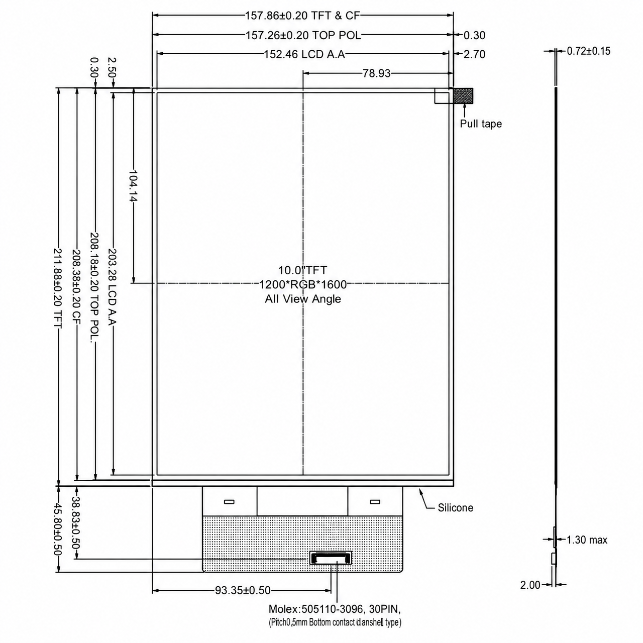 STK100UXFIN002 10.0 дюйм 1200x1600 4 lane MIPI интерфейс TFT LCD