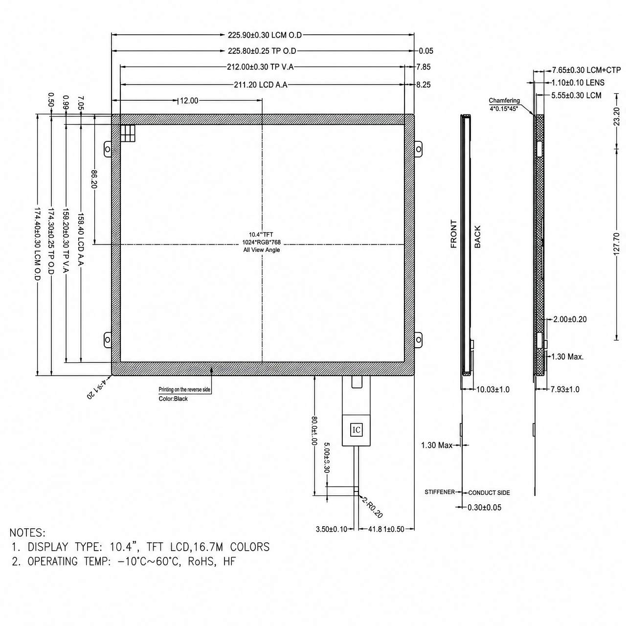 STK104XGFID025-C011A 10.4 дюйм 1024x768 IPS wide temperature high brightness MIPI интерфейс TFT LCD with capacitive touch panel