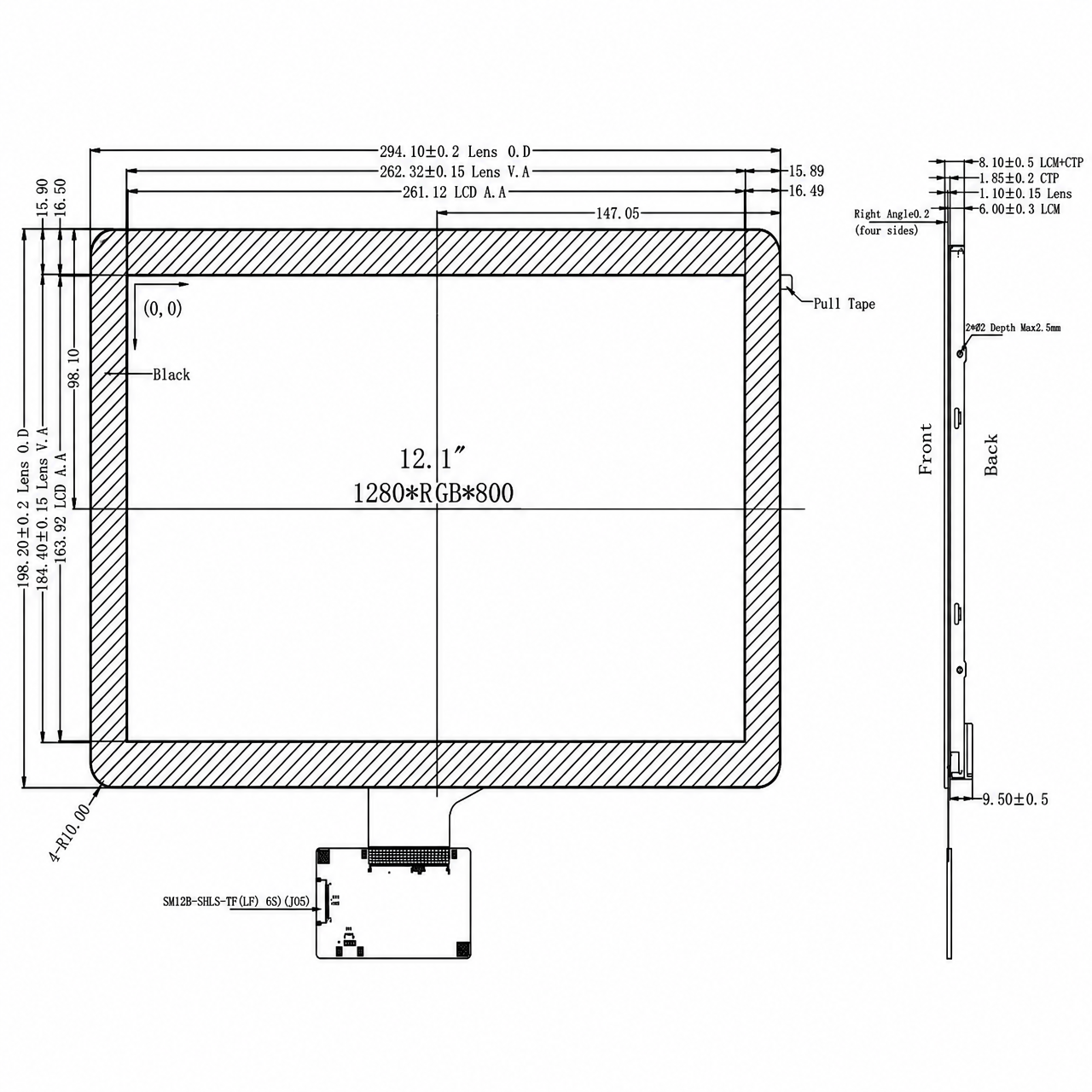 STK121HDFLA026-C008A 12.1 дюйм 1280x800 6/8 BIT LVDS интерфейс high brightness TFT LCD Module with capacitive touch panel
