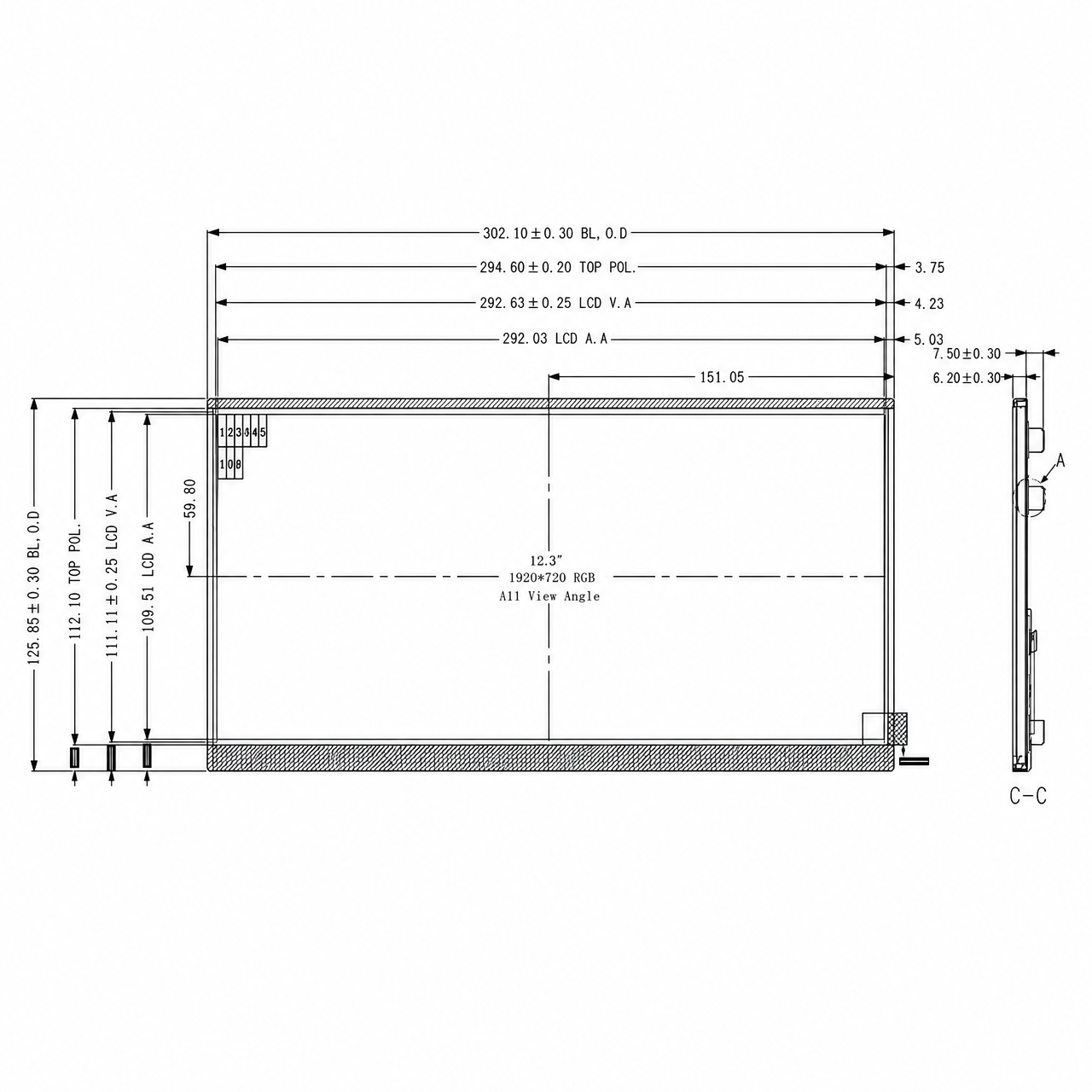STK123WUFLD006 12.3 дюйм 1920x720 high contrast LVDS интерфейс Landscape IPS Industrial Bartype TFT LCD
