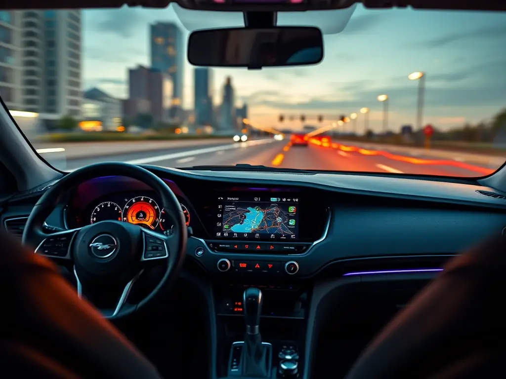 A vibrant image of a car dashboard showcasing a Senvita color TFT LCD module used for navigation and infotainment.