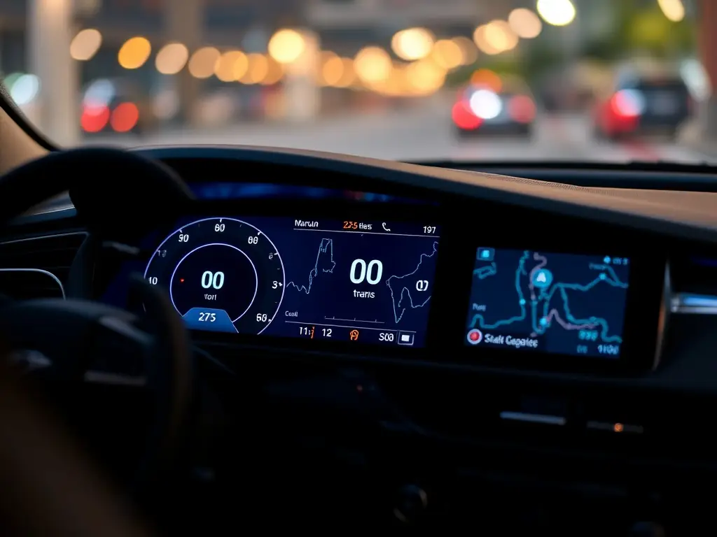 A vibrant image of a car dashboard featuring a Senvita color TFT LCD module displaying navigation and vehicle information. The image should highlight the clarity and responsiveness of the display.