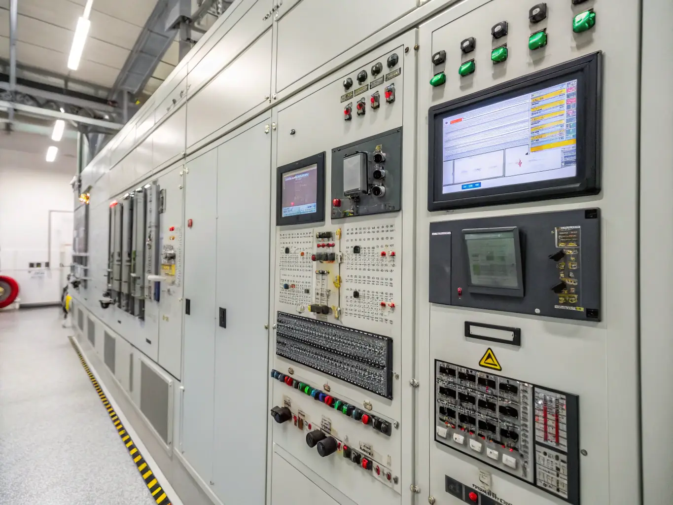 A high-resolution LCD module integrated into an industrial control panel, displaying real-time data and system status in a manufacturing plant.