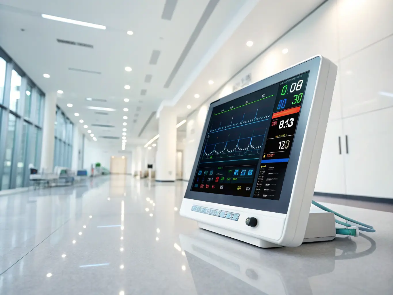 A detailed image of a medical device, such as a patient monitor, utilizing a Senvita LCD module to display vital signs and diagnostic information. The image should emphasize the accuracy and reliability of the display.
