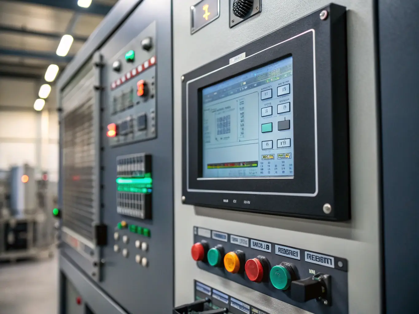 A high-resolution image showcasing an industrial control panel with a Senvita LCD module displaying real-time data and system status in a factory setting. The image should convey precision and reliability.