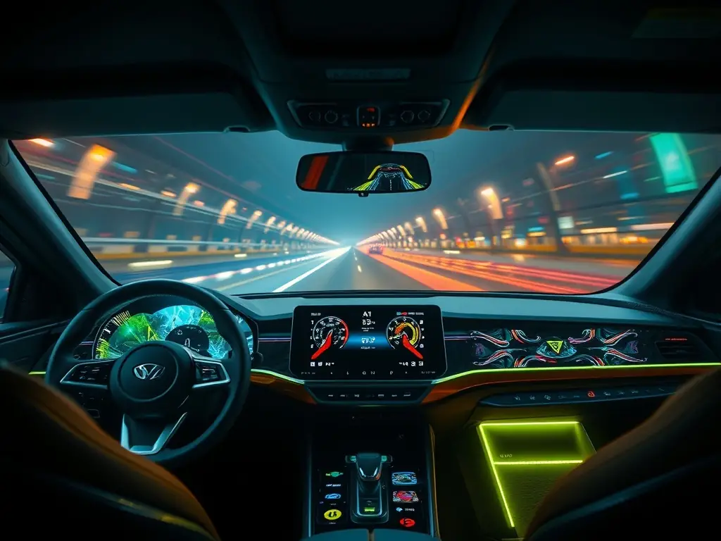 An image displaying a color TFT LCD module in action, highlighting its vibrant display in an automotive dashboard.